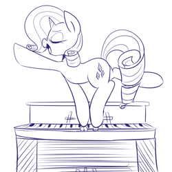 Size: 2000x2000 | Tagged: safe, artist:maren, imported from derpibooru, rarity, pony, unicorn, 2014, dancing, doodle, eyes closed, female, high res, mare, musical instrument, old art, open mouth, piano, simple background, solo, standing on two hooves, white background