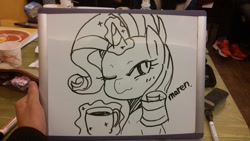 Size: 1040x585 | Tagged: safe, artist:maren, imported from derpibooru, rarity, pony, unicorn, 2014, bust, cup, doodle, female, levitation, magic, mare, marker drawing, old art, one eye closed, solo, telekinesis, traditional art, wavy mouth