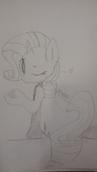 Size: 585x1040 | Tagged: safe, artist:maren, imported from derpibooru, rarity, pony, unicorn, 2015, blowing a kiss, doodle, female, looking back, mare, old art, one eye closed, raised hoof, sitting, solo, traditional art