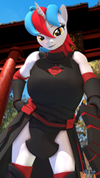 Size: 1080x1920 | Tagged: safe, artist:anthroponiessfm, imported from derpibooru, oc, oc:audina puzzle, anthro, unicorn, 3d, anthro oc, armor, big breasts, breasts, clothes, female, gloves, looking at you, shield, shoes, smug, source filmmaker, sword, weapon