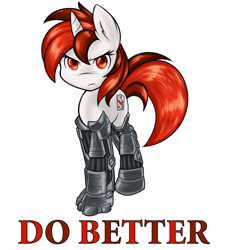 Size: 800x880 | Tagged: safe, artist:ambris, imported from derpibooru, oc, oc only, oc:blackjack, cyborg, pony, unicorn, fallout equestria, fallout equestria: project horizons, amputee, cybernetic legs, do better, level 2 (project horizons), prosthetics, quadruple amputee, red and black mane, red mane, red tail, serious, serious face, simple background, solo, tail, text, white background