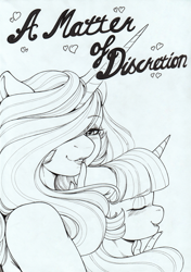 Size: 2448x3479 | Tagged: safe, artist:longinius, imported from derpibooru, princess celestia, twilight sparkle, alicorn, anthro, comic:a matter of discretion, blushing, duo, duo female, female, lesbian, lipstick, looking at you, monochrome, shipping, text, traditional art, twilestia, twilight sparkle (alicorn)