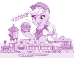 Size: 1280x1003 | Tagged: safe, artist:dstears, imported from derpibooru, applejack, earth pony, pony, clothes, cute, ear fluff, female, jackabetes, looking at you, mare, model train, monochrome, simple background, smiling, smiling at you, solo, tank engine, train, train station, white background