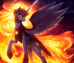 Size: 2560x2194 | Tagged: safe, editor:mr-bat, imported from derpibooru, daybreaker, alicorn, pony, abstract background, ai content, ai generated, armor, chestplate, cloud, crown, dark clouds, feathered wings, fire, generator:stable diffusion, heart, heart eyes, horn, jewelry, looking at you, mane of fire, painted, raised hoof, regalia, smiling, solo, spread wings, wingding eyes, wings