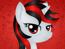 Size: 1024x768 | Tagged: safe, artist:jon080, imported from derpibooru, oc, oc only, oc:blackjack, pony, unicorn, fallout equestria, fallout equestria: project horizons, angry, bust, looking at you, portrait, red background, scowl, simple background, solo