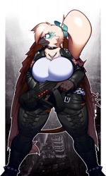 Size: 770x1280 | Tagged: safe, artist:0r0ch1, imported from derpibooru, oc, oc:gwynn, anthro, griffon, bangs, big breasts, boots, bow, breasts, chains, choker, city, cityscape, clothes, female, griffon oc, gun, hair bow, jacket, jewelry, leather, leather jacket, leonine tail, looking offscreen, necklace, ponytail, shoes, solo, tail, thigh boots, thighs, thunder thighs, weapon, white shirt, wings