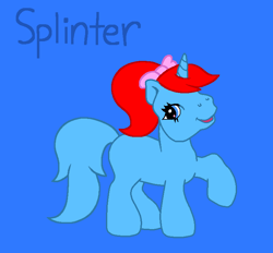 Size: 753x698 | Tagged: safe, artist:mlpfanboy579, imported from derpibooru, bird, pony, unicorn, blue background, blue eyes, blue tail, female, filly, foal, full body, g3, hooves, ponified, raised hoof, raised leg, red hair, red mane, simple background, smiling, solo, standing, tail, the new woody woodpecker show, woodpecker, woody woodpecker (series)