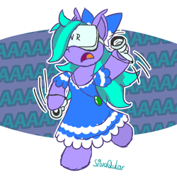 Size: 2948x2948 | Tagged: safe, artist:silvaqular, imported from derpibooru, oc, oc only, oc:cyanette, earth pony, semi-anthro, balancing, blinded, bow, clothes, dress, elf ears, fear, female, headset, mare, panic, scared, screaming, solo, stumbling, virtual reality, vr headset, wave, waving