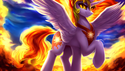 Size: 2464x1408 | Tagged: safe, editor:mr-bat, imported from derpibooru, daybreaker, alicorn, pony, ai content, ai generated, armor, breastplate, fire, generator:stable diffusion, looking at you, mane of fire, raised hoof, slim, smiling, solo, spread wings, wings
