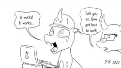 Size: 1200x675 | Tagged: safe, artist:pony-berserker, imported from derpibooru, oc, oc only, oc:berzie, oc:stainless key, changeling, computer, crying, drawing tablet, laptop computer, pony-berserker's twitter sketches, pony-berserker's twitter sketches (2022), simple background, white background