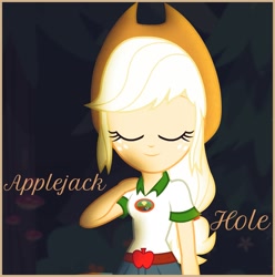 Size: 1273x1284 | Tagged: safe, edit, edited screencap, imported from derpibooru, screencap, applejack, human, equestria girls, legend of everfree, album, album cover, applejack's hat, bass guitar, clothes, cowboy hat, cute, fefe dobson, female, fire, forest, grin, hat, jackabetes, musical instrument, party, singer, single, skirt, smiling, solo