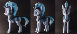 Size: 2048x900 | Tagged: safe, artist:shydale, imported from derpibooru, silver sable, pony, unicorn, 3d print, armor, chestplate, clothes, female, figurine, guardsmare, helmet, mare, multiple views, photo, royal guard, shoes, solo, tail, tail wrap