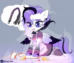 Size: 3500x3000 | Tagged: safe, artist:fd, imported from derpibooru, oc, oc only, pegasus, cake, cake slice, clothes, crying, cup, food, fork, implied punishment, kneeling, maid, plate, solo, spilled drink, teacup, thought bubble, whip, zoom layer