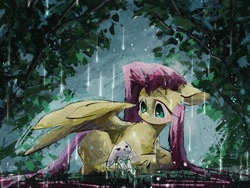 Size: 2160x1620 | Tagged: safe, artist:lendftcn, imported from derpibooru, angel bunny, fluttershy, pegasus, pony, duo, female, film grain, floppy ears, lying down, mare, prone, rain, wing umbrella, wings