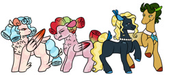 Size: 1280x565 | Tagged: safe, artist:eonionic, imported from derpibooru, cozy glow, oc, oc:illuminant queen, oc:rosy prune, oc:tendersweet, earth pony, pegasus, angry, bow, chest fluff, coat markings, colored ears, colored hooves, colored wings, cozy glow's father, cozy glow's mother, cozy glow's parents, earth pony oc, female, freckles, gradient mane, gradient wings, hair bun, headcanon, jewelry, missing cutie mark, mother and child, mother and daughter, necklace, necktie, no pupils, pearl necklace, pegasus oc, simple background, tail, tail bow, unshorn fetlocks, white background, wings
