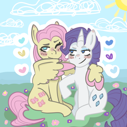 Size: 5000x5000 | Tagged: safe, artist:sapphireshoress, imported from derpibooru, fluttershy, rarity, pegasus, pony, unicorn, absurd resolution, blushing, colored wings, colored wingtips, commission, female, flarity, heart, hug, lesbian, mare, no pupils, one eye closed, shipping, sitting, winghug, wings