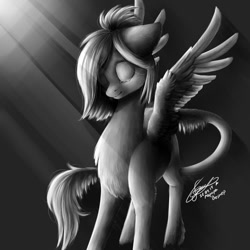 Size: 1024x1024 | Tagged: safe, artist:avroras_world, imported from derpibooru, oc, oc only, pegasus, pony, chest fluff, eyes closed, female, grayscale, mare, monochrome, pegasus oc, signature, smiling, solo, wings