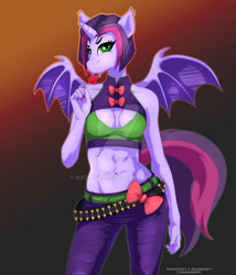 Size: 1280x1494 | Tagged: safe, artist:mazinga669, imported from derpibooru, oc, oc only, alicorn, anthro, bat pony, bat pony alicorn, abs, abstract background, bat pony oc, bat wings, bow, candy, clothes, deviantart watermark, female, food, horn, lollipop, midriff, nail polish, obtrusive watermark, pants, watermark, wings