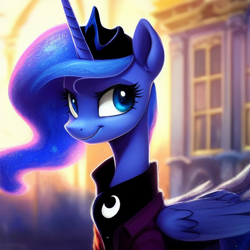 Size: 1024x1024 | Tagged: safe, derpibooru exclusive, editor:dovakkins, imported from derpibooru, princess luna, alicorn, pony, ai content, ai generated, beautiful, clothes, crown, cutie mark on clothes, female, generator:stable diffusion, jacket, jewelry, mare, missing accessory, regalia, smiling, solo