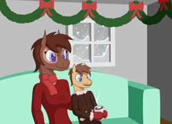 Size: 3878x2794 | Tagged: safe, artist:emc-blingds, imported from derpibooru, oc, oc only, anthro, earth pony, chocolate, clothes, duo, earth pony oc, female, food, hot chocolate, male, scarf, sitting, smiling