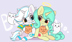 Size: 3000x1767 | Tagged: safe, artist:yomechka, imported from derpibooru, oc, oc only, ghost, pony, undead, unicorn, candle, chibi, commission, duo, eye clipping through hair, halo, horn, pumpkin bucket, sitting, smiling, unicorn oc, ych result