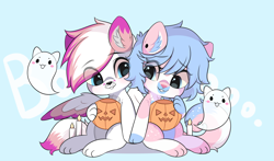 Size: 3000x1767 | Tagged: safe, artist:yomechka, imported from derpibooru, oc, oc only, ghost, hybrid, pony, undead, candle, chibi, commission, duo, ear fluff, eye clipping through hair, pumpkin bucket, sitting, smiling, wings, ych result