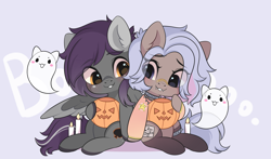 Size: 3000x1767 | Tagged: safe, artist:yomechka, imported from derpibooru, oc, oc only, ghost, pegasus, pony, undead, candle, chibi, clothes, commission, duo, eye clipping through hair, pegasus oc, pumpkin bucket, sitting, smiling, socks, wings, ych result