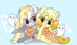 Size: 3000x1767 | Tagged: safe, artist:yomechka, imported from derpibooru, oc, oc only, ghost, pegasus, pony, undead, candle, chibi, choker, commission, duo, eye clipping through hair, pegasus oc, pumpkin bucket, sitting, smiling, wings, ych result