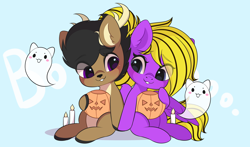Size: 3000x1767 | Tagged: safe, artist:yomechka, imported from derpibooru, oc, oc only, ghost, pegasus, pony, undead, antlers, candle, chibi, commission, duo, eye clipping through hair, pegasus oc, pumpkin bucket, sitting, smiling, wings, ych result