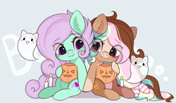 Size: 3000x1767 | Tagged: safe, artist:yomechka, imported from derpibooru, oc, oc only, earth pony, ghost, pony, undead, candle, chibi, commission, duo, earth pony oc, eye clipping through hair, pumpkin bucket, sitting, smiling, ych result