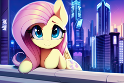 Size: 1536x1024 | Tagged: safe, imported from derpibooru, fluttershy, pegasus, pony, :3, ai content, ai generated, city, cute, cyberpunk, female, generator:novelai, generator:stable diffusion, looking at you, mare, shyabetes, smiling, solo, window