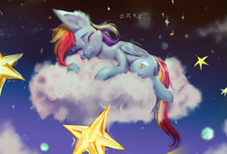 Size: 2325x1585 | Tagged: safe, artist:bananitryi, imported from derpibooru, rainbow dash, pegasus, pony, cloud, eyelashes, eyes closed, female, mare, nap, night, night sky, onomatopoeia, sky, sleeping, smiling, solo, sound effects, stars, zzz