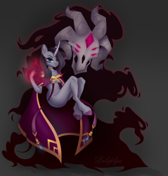 Size: 1908x2000 | Tagged: safe, artist:laloplya, imported from derpibooru, fhtng th§ ¿nsp§kbl, anthro, classical unicorn, demon, unicorn, them's fightin' herds, cape, clothes, cloven hooves, colored hooves, community related, dark background, duo, female, floating, glowing hands, leonine tail, oleander (tfh), skull, unshorn fetlocks