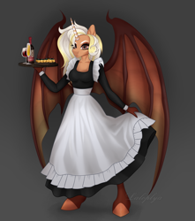 Size: 1662x1880 | Tagged: safe, artist:laloplya, imported from derpibooru, oc, oc only, alicorn, anthro, bat pony, bat pony alicorn, unguligrade anthro, bat wings, clothes, dark background, dress, female, horn, maid, solo, tray, wings