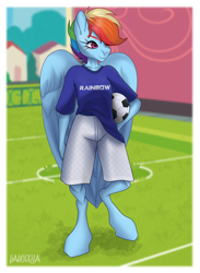 Size: 1330x1820 | Tagged: safe, artist:laloplya, imported from derpibooru, rainbow dash, anthro, pegasus, unguligrade anthro, clothes, eyelashes, female, football, shorts, solo, sports, wings