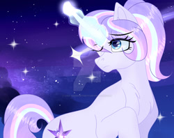 Size: 1280x1014 | Tagged: safe, artist:existencecosmos188, imported from derpibooru, oc, oc only, pony, unicorn, deviantart watermark, female, glowing, glowing horn, horn, mare, night, obtrusive watermark, one eye closed, outdoors, shooting star, solo, stars, unicorn oc, watermark, wink