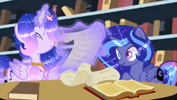 Size: 3099x1743 | Tagged: safe, artist:existencecosmos188, imported from derpibooru, oc, oc only, oc:existence, alicorn, pony, alicorn oc, book, bookshelf, ethereal mane, female, glowing, glowing horn, heterochromia, horn, indoors, magic, mare, parent:princess luna, scroll, starry mane, telekinesis, wide eyes, wings