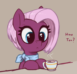 Size: 2150x2070 | Tagged: safe, artist:t72b, imported from derpibooru, jasmine leaf, earth pony, pony, cup, earth pony problems, female, food, looking at something, mare, neckerchief, simple background, sitting, solo, tea, teacup