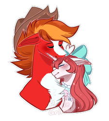 Size: 900x1000 | Tagged: safe, artist:purplegrim40, imported from derpibooru, oc, oc only, earth pony, pony, unicorn, bow, bust, chest fluff, choker, duo, earth pony oc, eyes closed, female, hair bow, hat, horn, male, mare, nuzzling, oc x oc, shipping, simple background, stallion, straight, transparent background, unicorn oc