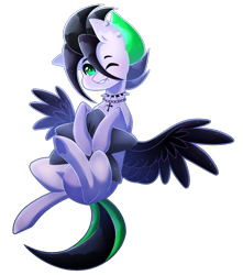 Size: 1500x1700 | Tagged: safe, artist:purplegrim40, imported from derpibooru, oc, oc only, pegasus, pony, choker, commission, grin, hug, one eye closed, pegasus oc, pillow, pillow hug, simple background, smiling, solo, spread wings, transparent background, wings, wink, ych result