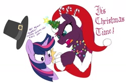 Size: 1563x1036 | Tagged: safe, artist:brisineo, imported from twibooru, fizzlepop berrytwist, tempest shadow, twilight sparkle, alicorn, pony, unicorn, candy, candy cane, christmas, christmas lights, christmas tree, dialogue, duo, female, food, hat, holiday, image, mare, needs more jpeg, pilgrim hat, santa hat, simple background, slapping, solo, thanksgiving, tree, twilight sparkle (alicorn), white background