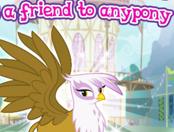 Size: 327x248 | Tagged: safe, imported from twibooru, screencap, gilda, griffon, advertisement, cropped, female, friendship, gameloft, image, looking at you, mountain, official, outdoors, png, ponyville, ponyville town hall, smiling, smiling at you, smirk, solo, sparkles, spread wings, wings