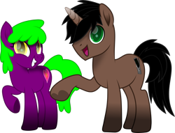 Size: 1768x1350 | Tagged: safe, artist:lincolnbrewsterfan, artist:luckreza8, derpibooru exclusive, imported from derpibooru, oc, oc:dark driveology, oc:rose love, earth pony, unicorn, derpibooru community collaboration, .svg available, 2023 community collab, base used, black mane, black tail, brown, computer, couple, duo, earth pony oc, female, flower, gift art, green eyes, green mane, green tail, heart, hoof heart, horn, inkscape, looking at you, male, male and female, oc request, oc x oc, purple, raised hoof, request, requested art, rose, screwdriver, shipping, simple background, smiling, smiling at you, stallion oc, svg, tail, transparent background, underhoof, unicorn oc, vector, wrench, yellow eyes