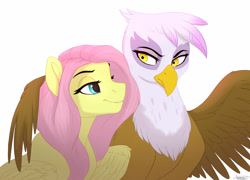 Size: 2500x1800 | Tagged: safe, artist:scorpion-89, imported from twibooru, fluttershy, gilda, griffon, pegasus, pony, covering, female, gildashy, image, lesbian, looking at each other, mare, needs more jpeg, shipping, simple background, smiling, spread wings, white background, wing covering, wings