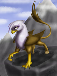 Size: 3216x4288 | Tagged: safe, artist:sinderynaralex, imported from twibooru, gilda, griffon, cloud, female, folded wings, high res, image, lidded eyes, looking at you, mountain, mountain range, needs more jpeg, one leg raised, outdoors, raised tail, sky, solo, standing, tail, wings