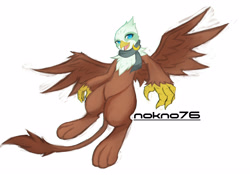Size: 4000x2800 | Tagged: safe, artist:nokno76, imported from twibooru, greta, griffon, clothes, female, happy, image, looking at you, needs more jpeg, scarf, simple background, smiling, solo, spread wings, white background, wings