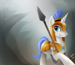Size: 1445x1251 | Tagged: safe, artist:nokno76, imported from twibooru, pony, unicorn, armor, canyon, holding, image, looking back, male, needs more jpeg, overhang, royal guard, solo, spear, stallion, weapon