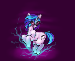 Size: 2213x1800 | Tagged: safe, artist:skrapbox, imported from twibooru, dj pon-3, vinyl scratch, pony, unicorn, dancing, eyes closed, female, head turn, image, mare, png, purple background, rearing, simple background, solo, sparks, vinyl's glasses