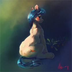 Size: 4096x4096 | Tagged: safe, artist:alumx, imported from derpibooru, earth pony, pony, back, background pony, blue eyes, blue mane, blushing, butt, carrot, female, food, g5, lookie uppie, looking at you, mare, painting, plot, simple background, solo