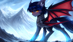 Size: 2464x1408 | Tagged: safe, editor:mr-bat, imported from derpibooru, oc, oc:mr-bat, bat pony, pony, ai content, ai generated, armor, bat ears, bat eyes, bat pony oc, bat wings, blue mane, blue tail, cold, confident, ear fluff, generator:stable diffusion, gray coat, ice, looking at you, mountain, mountain range, slit pupils, snow, tail, two toned mane, two toned tail, wings